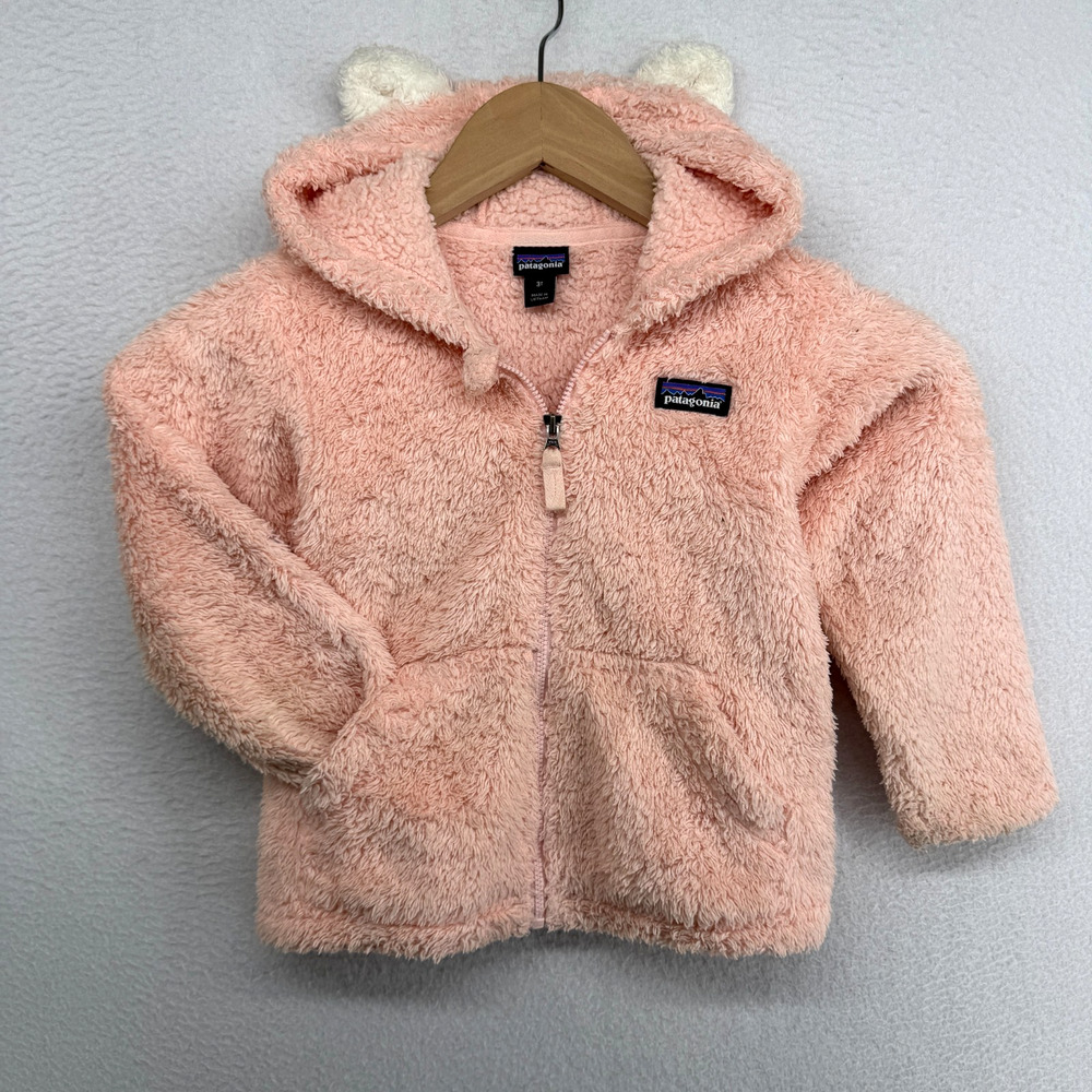 PATAGONIA Jacket Youth 3T Baby Furry Friends High Pile Fleece Hoodie Pink